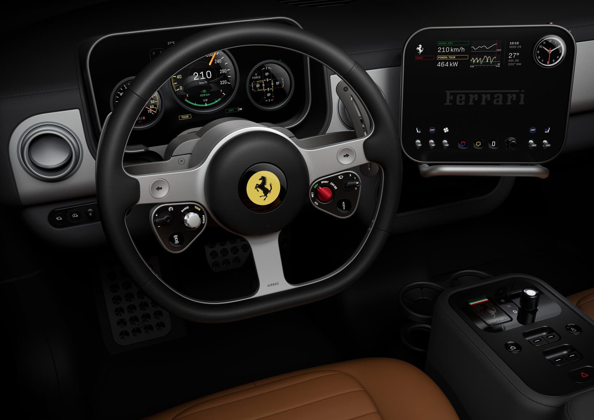 Inside Ferrari’s electric car: a leather steering wheel and analogue-style dials beside a digital display, with a row of physical knobs, toggles and switches below the dashboard screen.